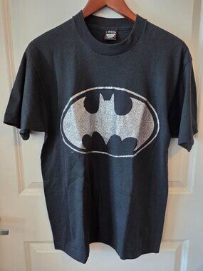 Vintage 1980's Batman Glitter Logo Black T-Shirt Size L Black Screen Stars